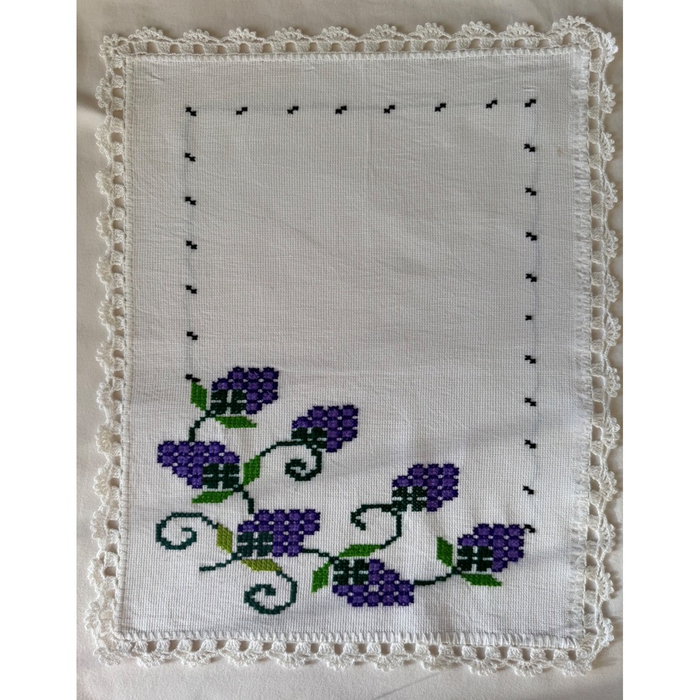 Handmade Mexican Embroidered Textile Napkin Purple Grape Vine Cross Stitch Lace